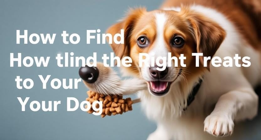 A dog holds a stick with dog treats in its mouth. Overlaid text reads: "How to Find the Right Treats for Your Dog" with a spelling error present in the text.