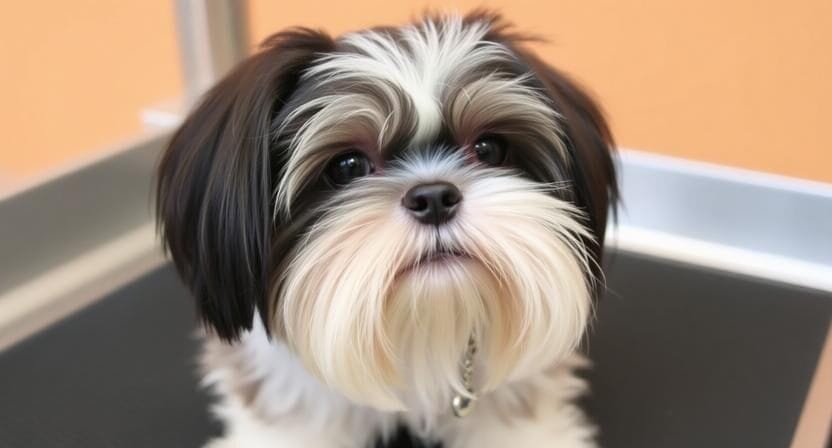 A small dog with long, black and white fur sits on a grooming table against a peach-colored background.