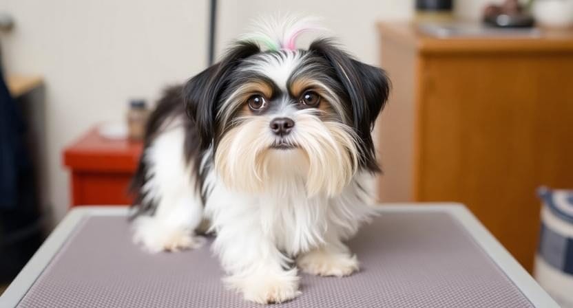 Small black and white dog with long fur and a hair tie stands on a grooming table, looking toward the camera.
