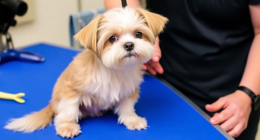 Small, fluffy dog with light brown and white fur sits on a blue table next to a person wearing a dark shirt. Grooming tools are visible in the background.