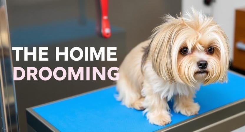 A small, long-haired dog sits on a blue grooming table. Text on the image reads "THE HOIME DROOMING" with a noticeable spelling error.