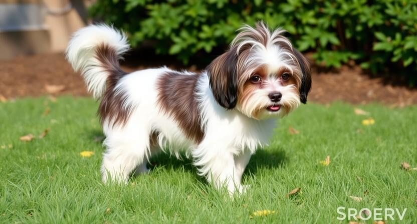 A small dog with white and brown fur stands on green grass with bushes in the background.