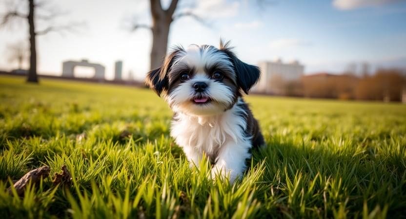 A small black and white puppy stands on green grass in a park with trees and buildings in the blurred background.