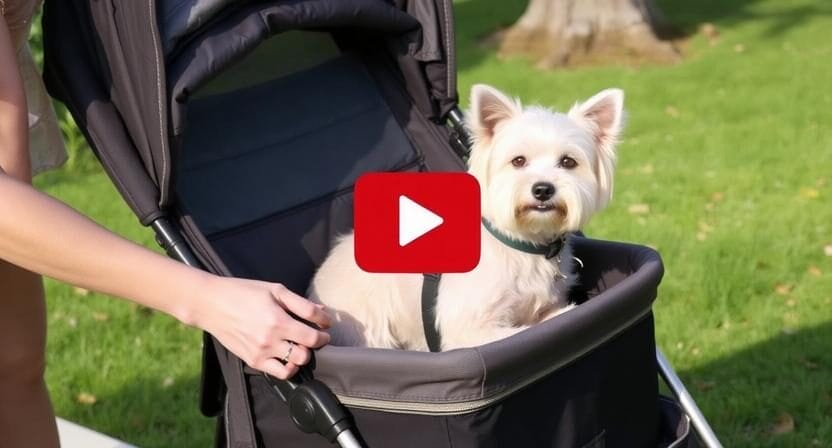 A small white dog sits in a stroller outdoors on grass while a person holds the handlebar. A play button icon is overlaid on the image.