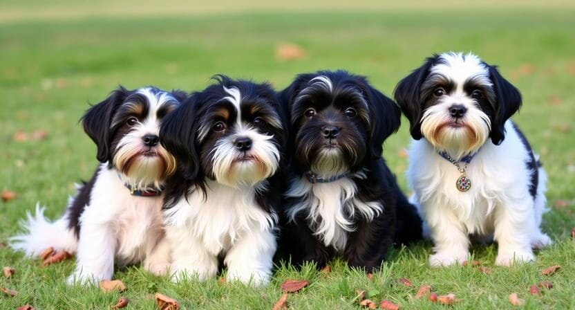 Four small, black and white dogs with long fur sit close together on green grass, facing the camera.