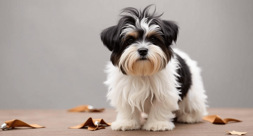 A small black, white, and tan dog with long fur stands indoors on a surface with scattered brown ribbons, against a plain background.