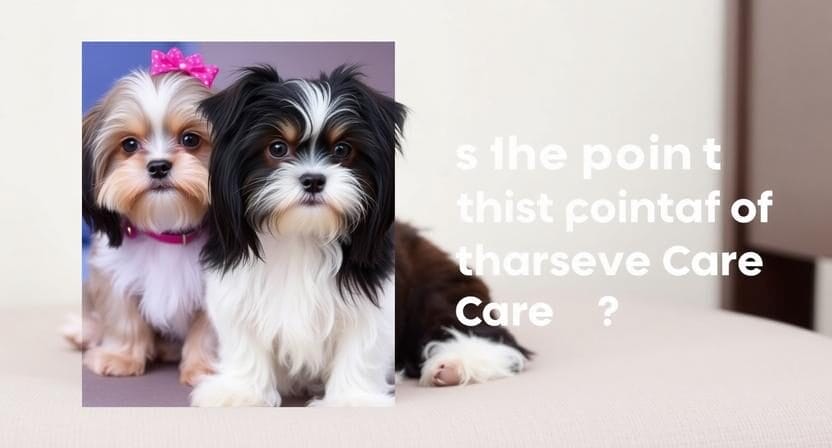 Two small fluffy dogs sit together, one with a pink bow, against a blurred background, with partially obscured text in the background.