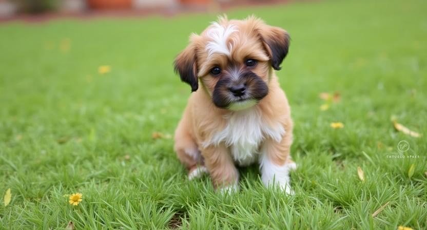 A small brown and white puppy with black ears sits on green grass, looking towards the camera.