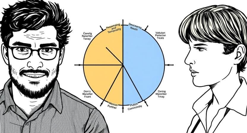 Two illustrated people face each other with a circular diagram between them, divided into labeled colored sections with arrows pointing outward.