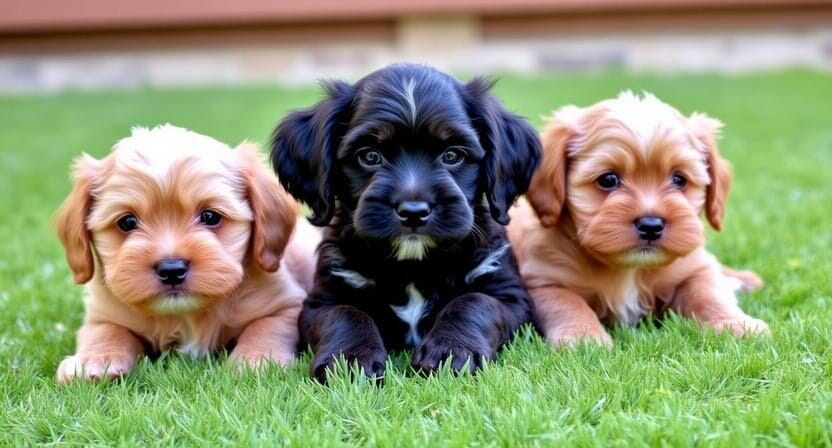 Three small puppies, two tan and one black, lie on green grass facing the camera.