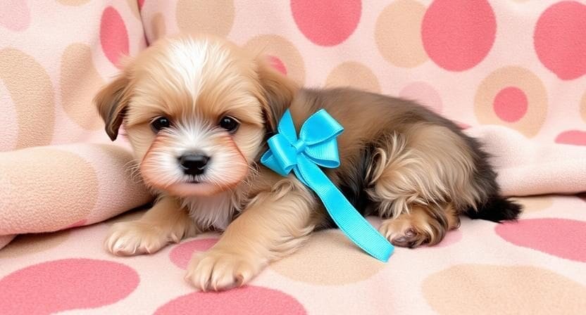 A small brown and white puppy with a blue ribbon lies on a pink and beige polka dot blanket.