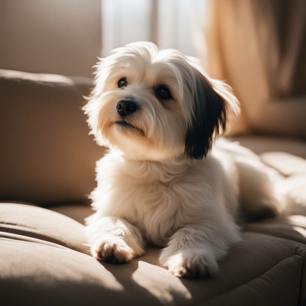 A small white dog sitting on a couch.