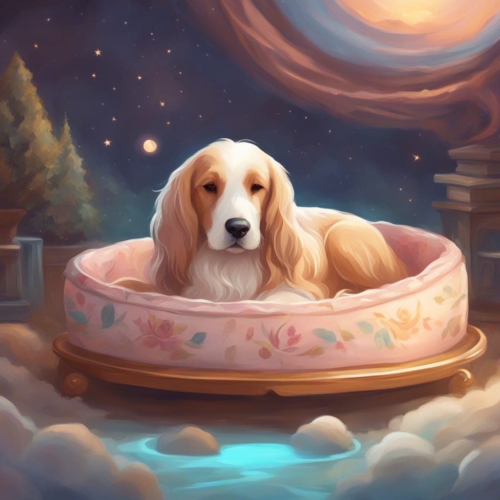 A dog is sitting in a pink bed in the middle of the night.