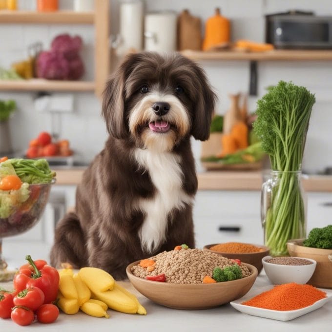 A dog sitting in front of a bowl of vegetables.