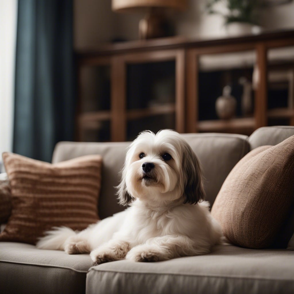 A white dog sitting on a couch in a living room.
