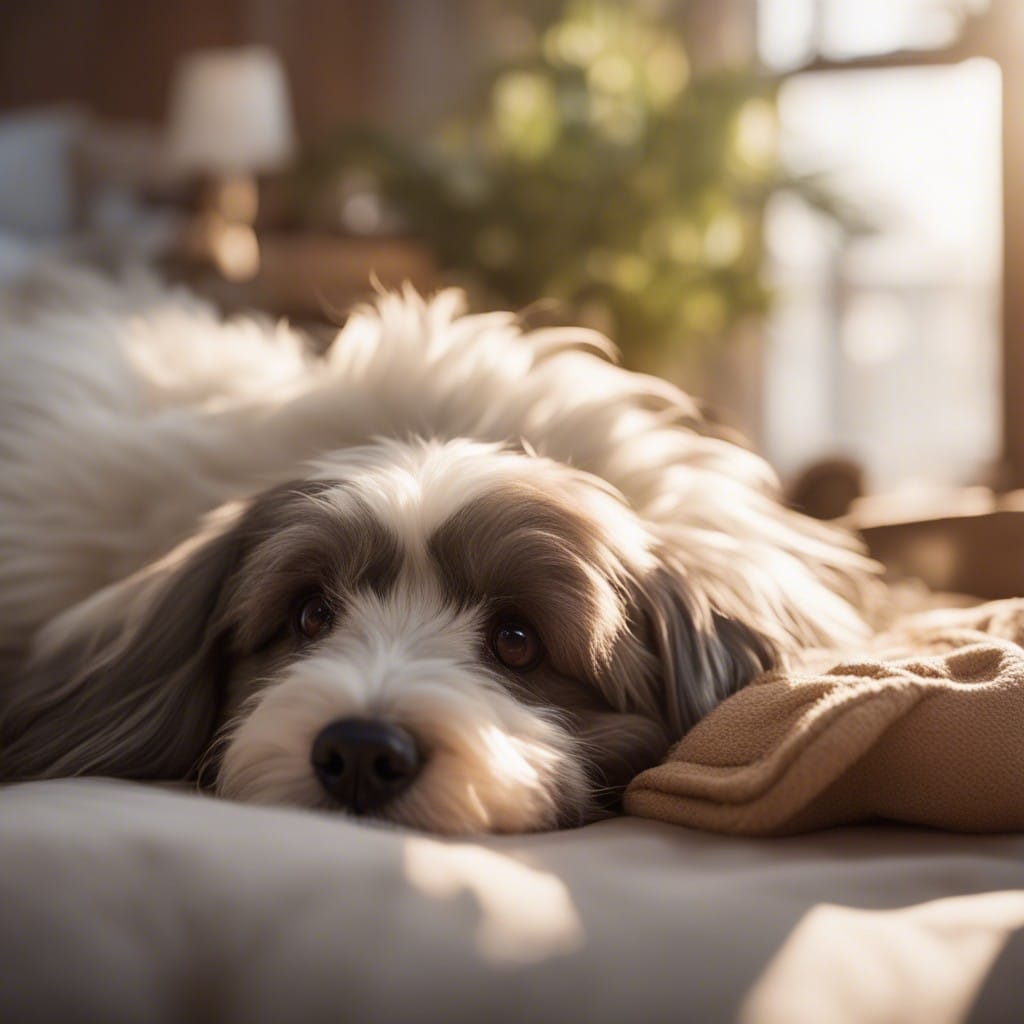 A dog is laying on a bed in front of a window.
