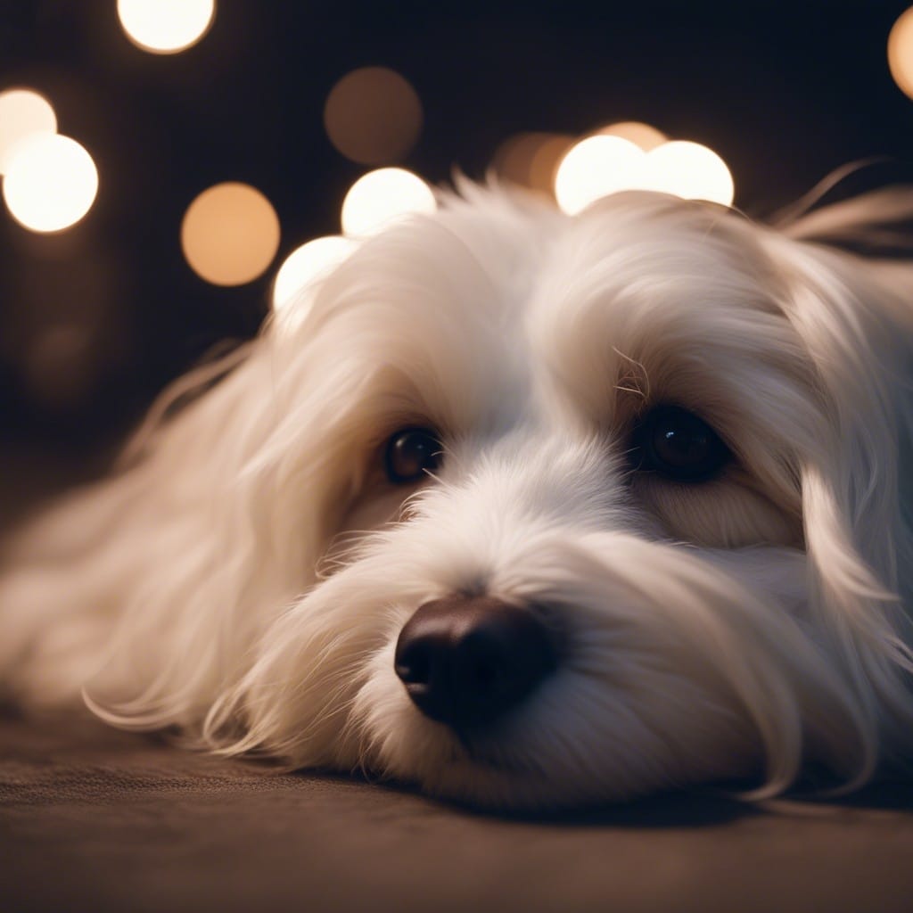 A white havanese dog sleeping in front of lights.