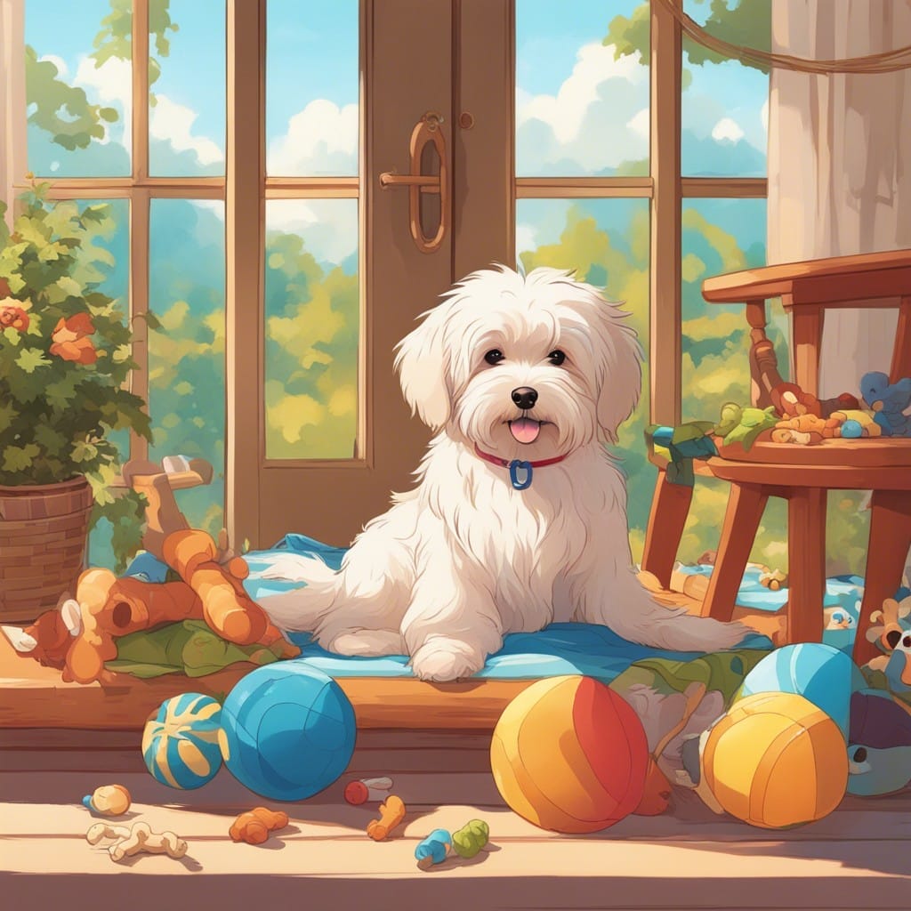 A white dog sitting in front of a window with toys.