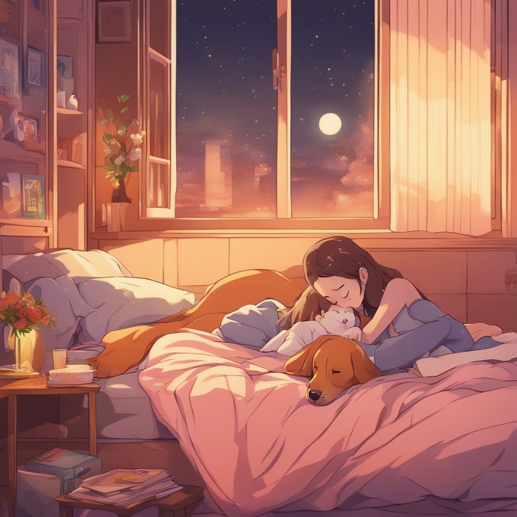 A girl laying in bed with a dog in the background.