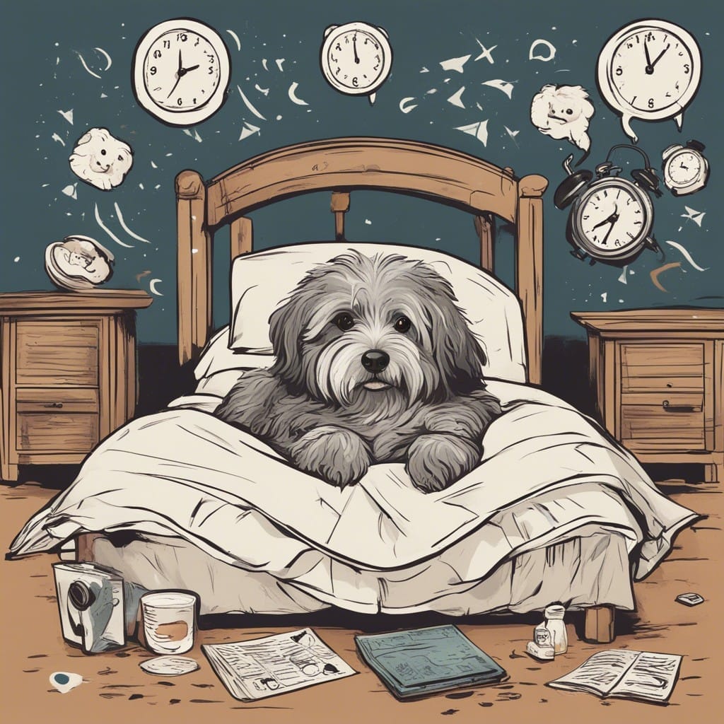 An illustration of a dog laying in bed with clocks.