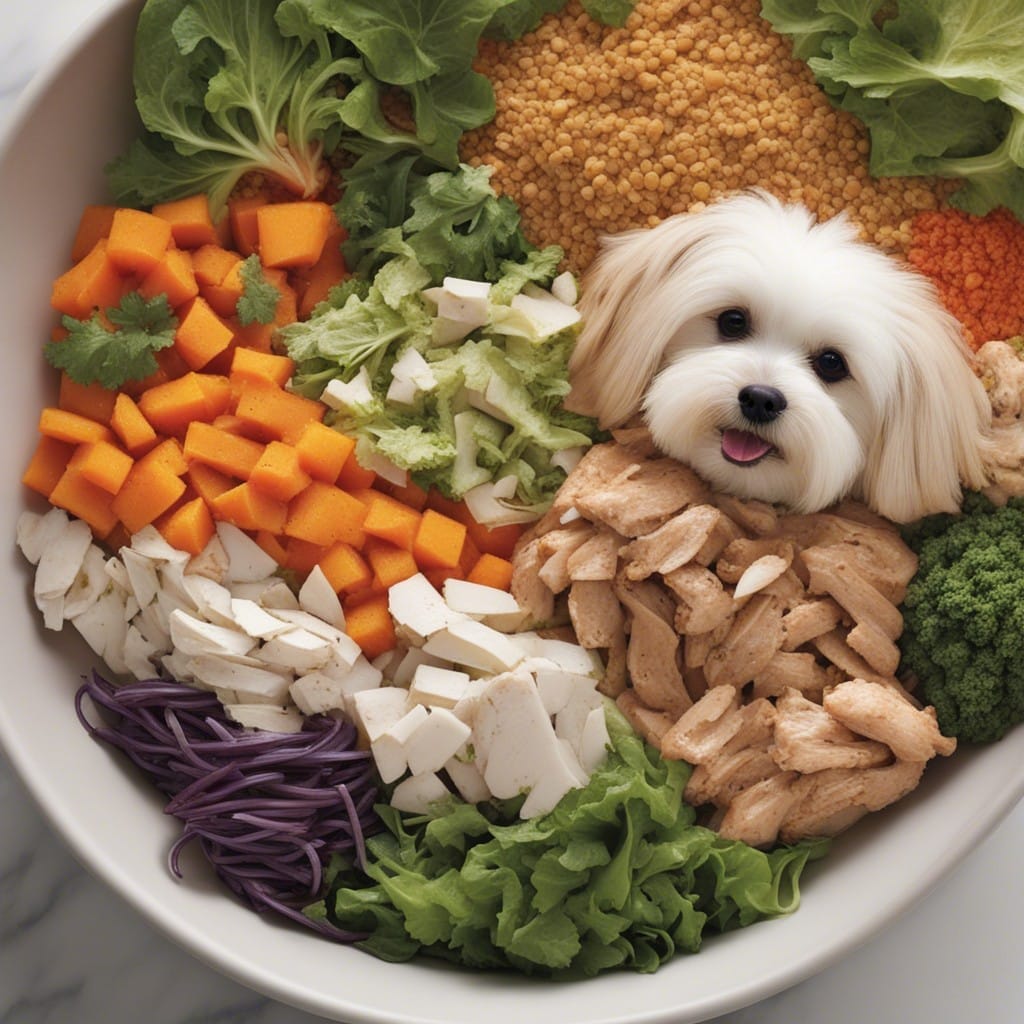 A white dog sitting in a bowl of vegetables.
