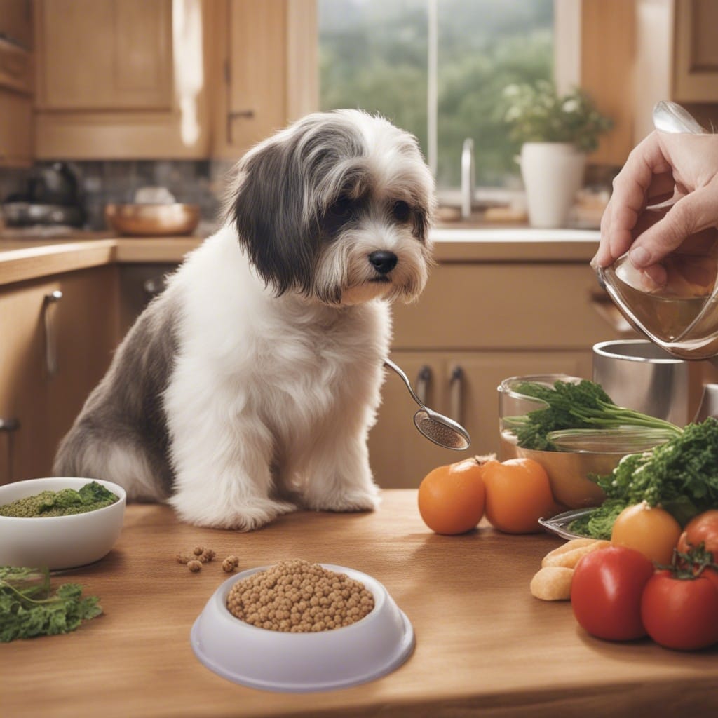 A dog eating a bowl of food in a kitchen.
