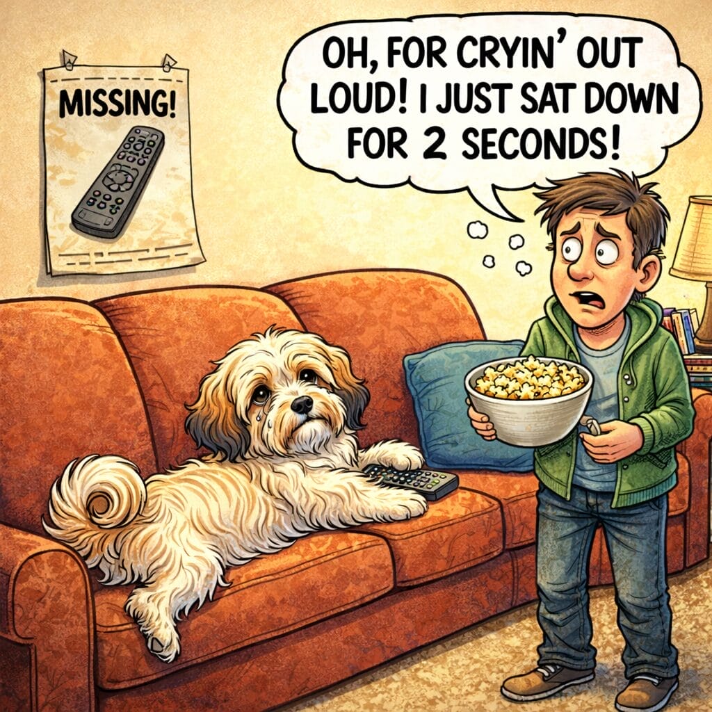 A dog lies on a couch holding a TV remote, while a surprised person with popcorn stands nearby. A "missing" poster for the remote is visible on the wall.