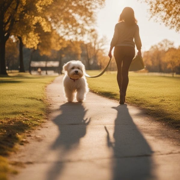 A woman walking her dog in a park.