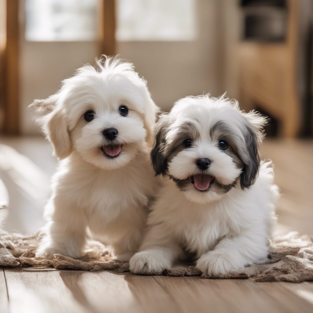 Two white and white puppies sitting on a wooden floor.
