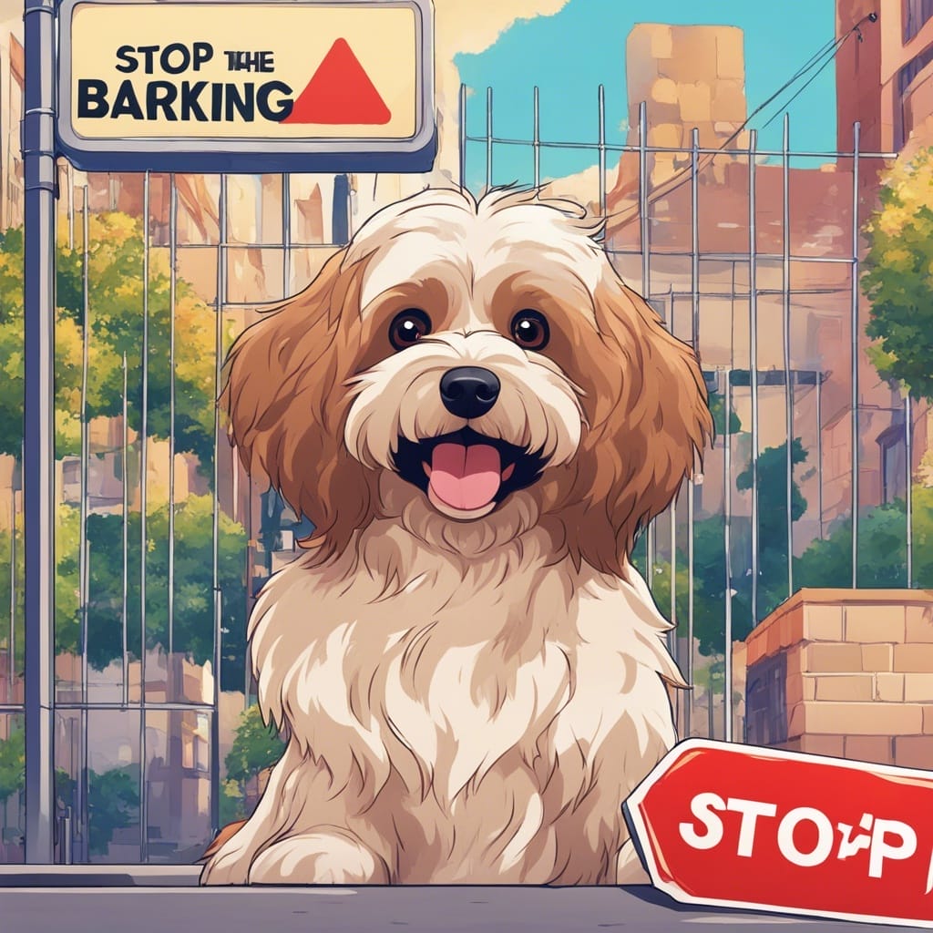 A dog is standing in front of a stop the barking sign.
