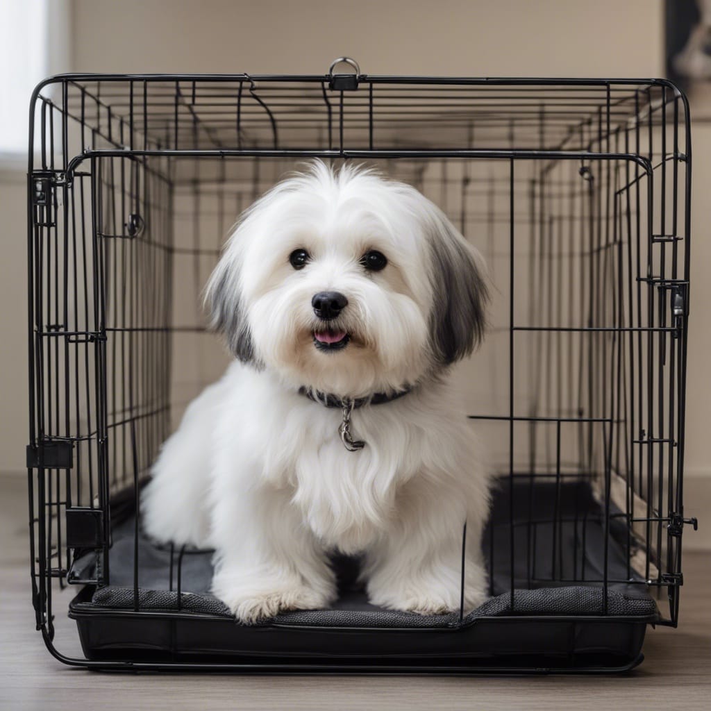 A small white dog sitting in a black crate.