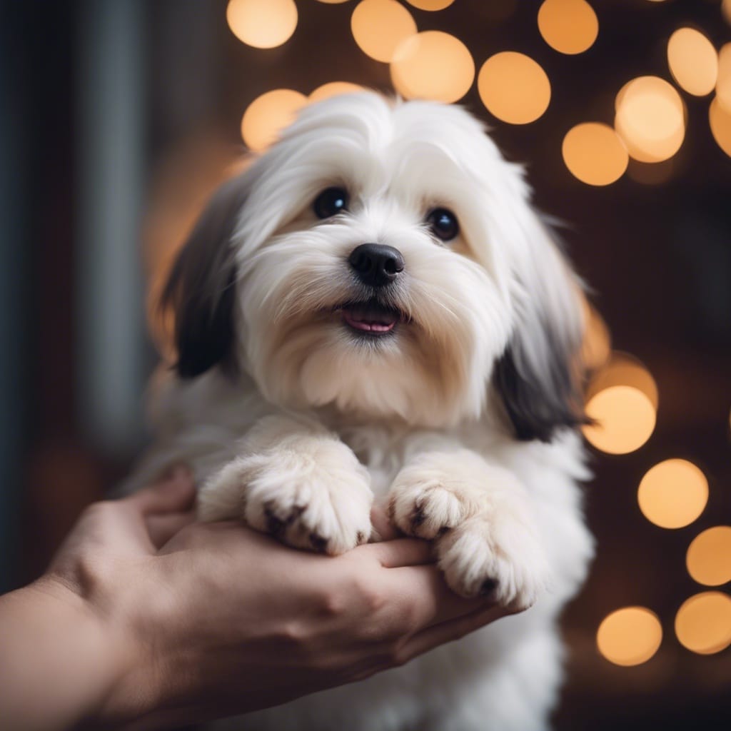 A small white dog is being held in a person's hand.