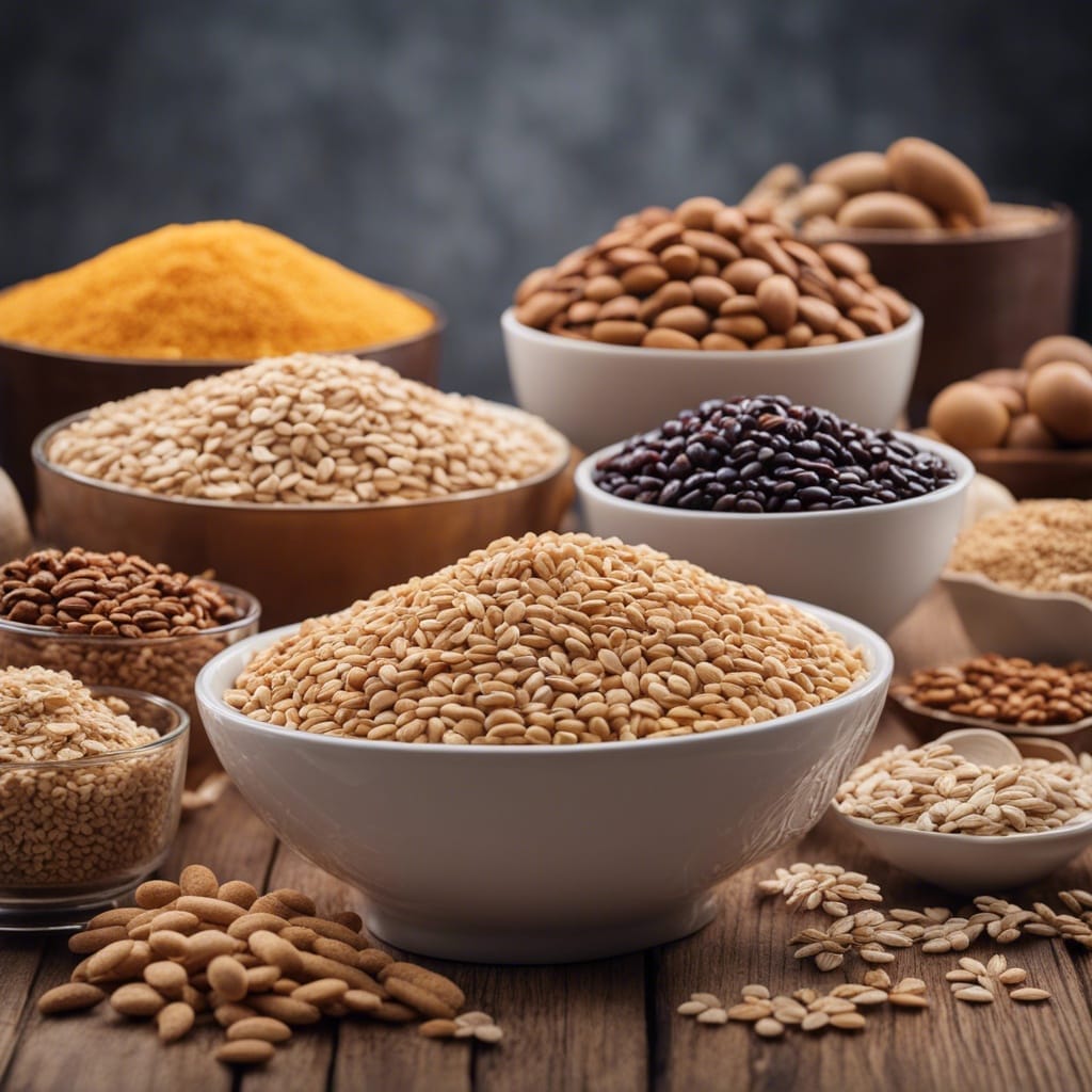 Various types of nuts and seeds on a wooden table.