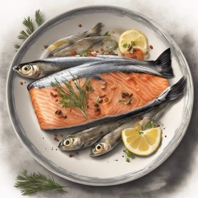 Salmon on a plate with lemon and herbs.