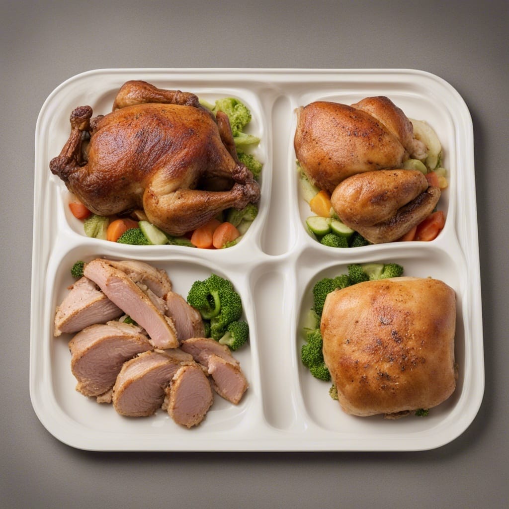 A tray with chicken, broccoli, and carrots on it.