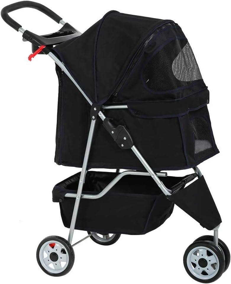 A black pet stroller with wheels.