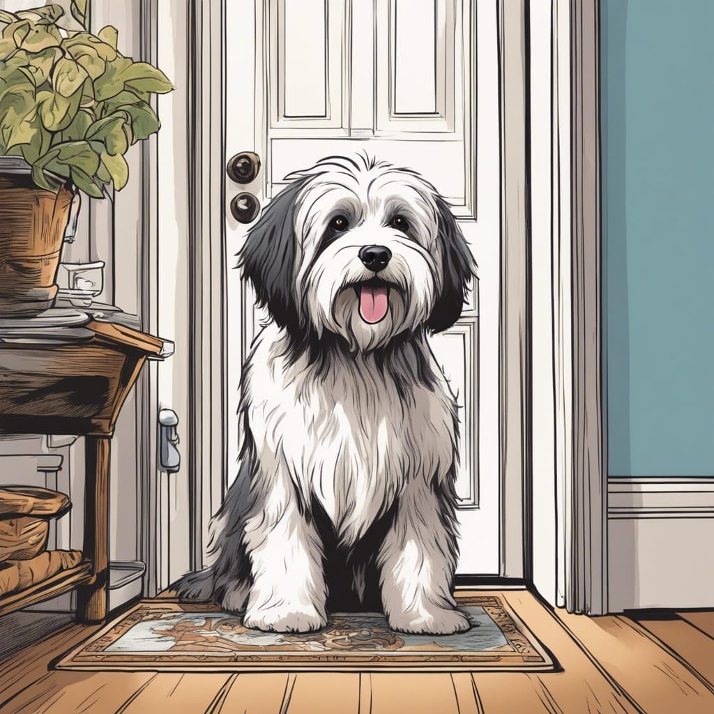 A black and white dog sitting in front of a door.