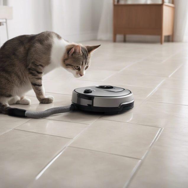A cat is playing with a robotic vacuum cleaner.