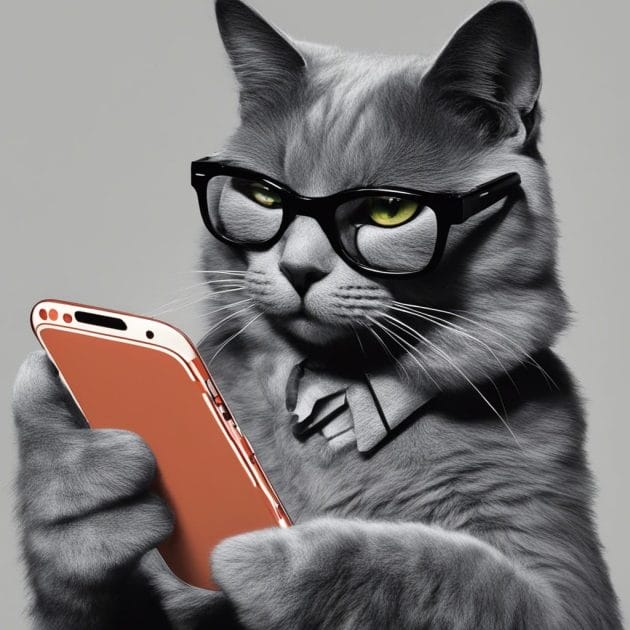 A cat wearing glasses and a bow tie holding a cell phone.
