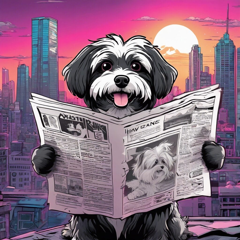 A dog is reading a newspaper on top of a building.