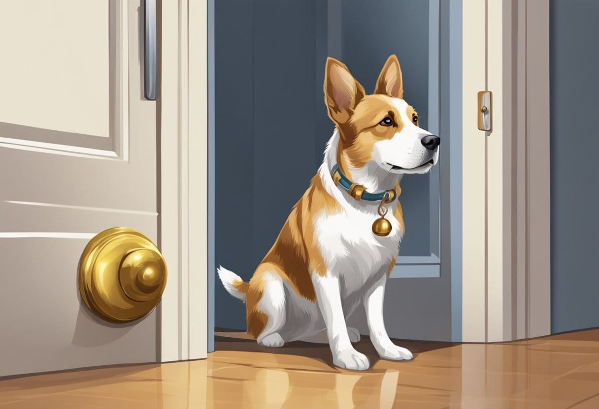 A dog standing by the door, looking at a set of bells hanging from the doorknob