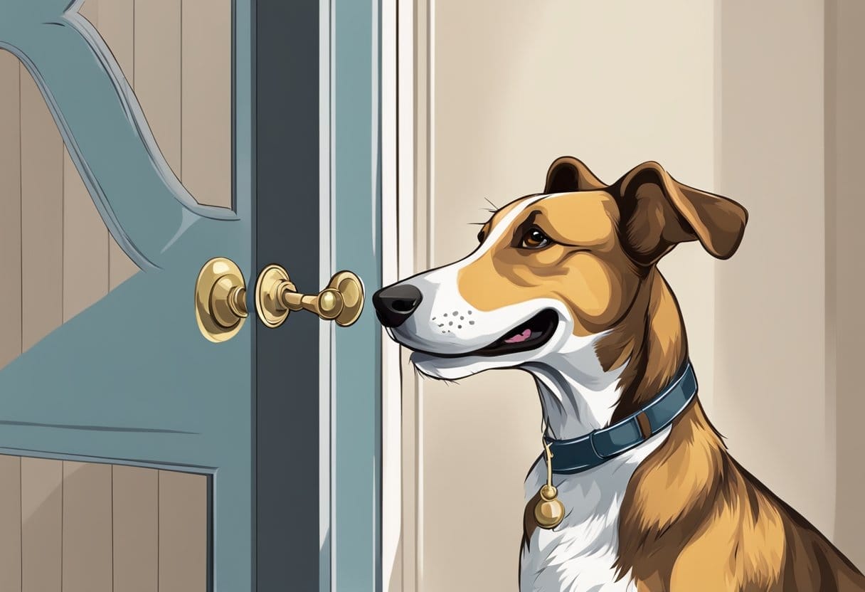 A happy dog rings a bell with its nose near the door