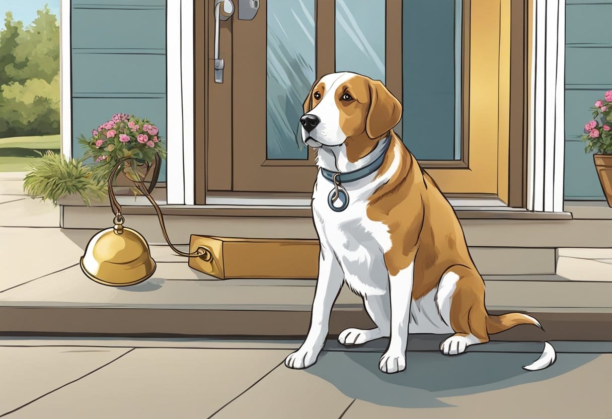A dog with a bell attached to its collar rings the bell before going outside. A person watches and praises the dog for using the bell to indicate a need to go outside