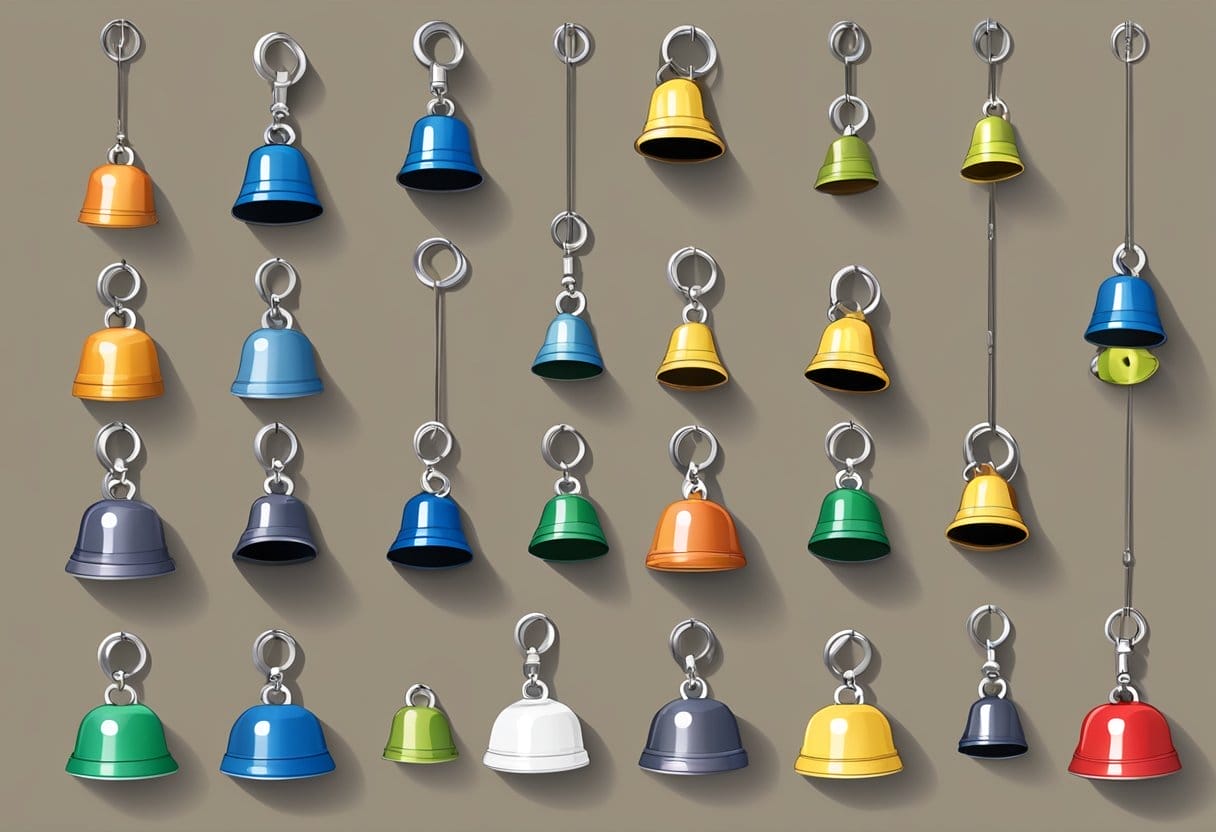 A variety of dog bells hang on a display, labeled for house training