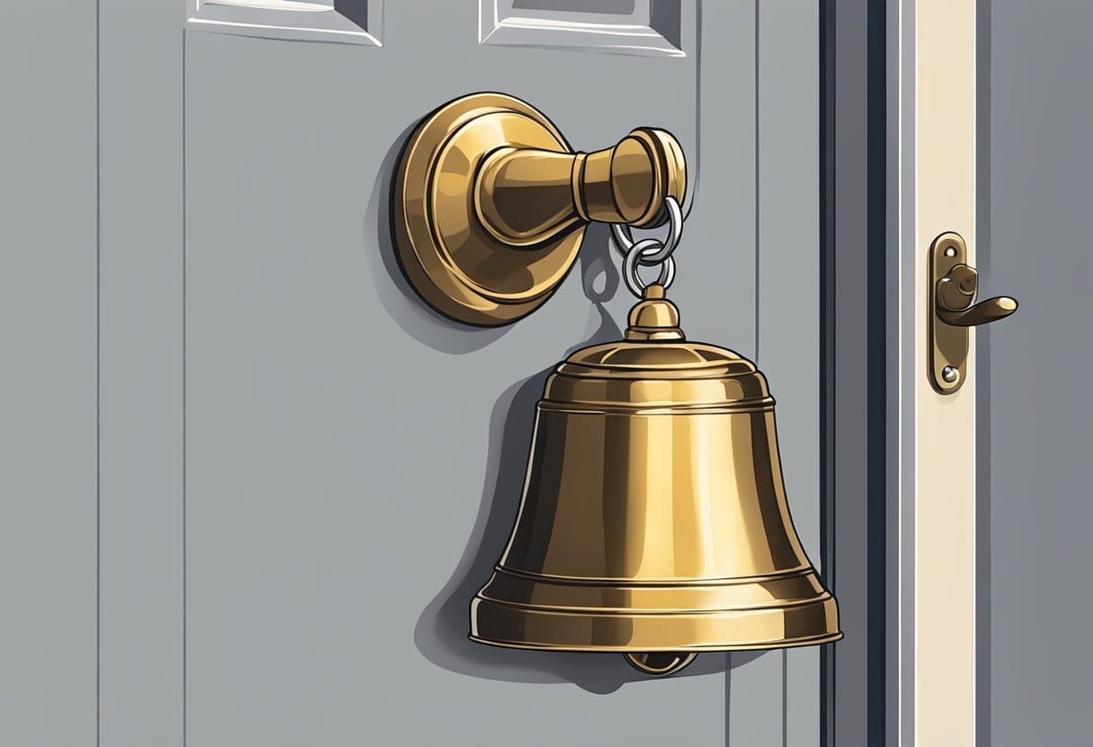 A dog bell hangs from a door handle, with a string attached to the clapper. A puppy's paw presses the bell, making it ring