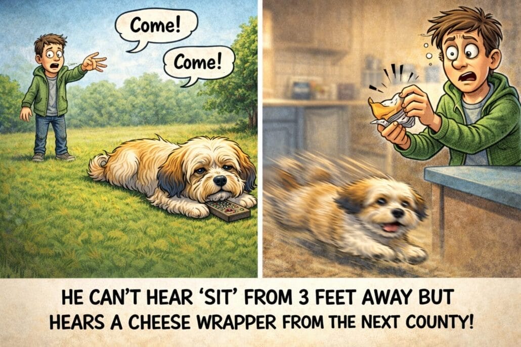 A boy calls his dog, who ignores him and lies on the grass, but the dog sprints indoors when he hears a cheese wrapper, with a caption joking about the dog's selective hearing.