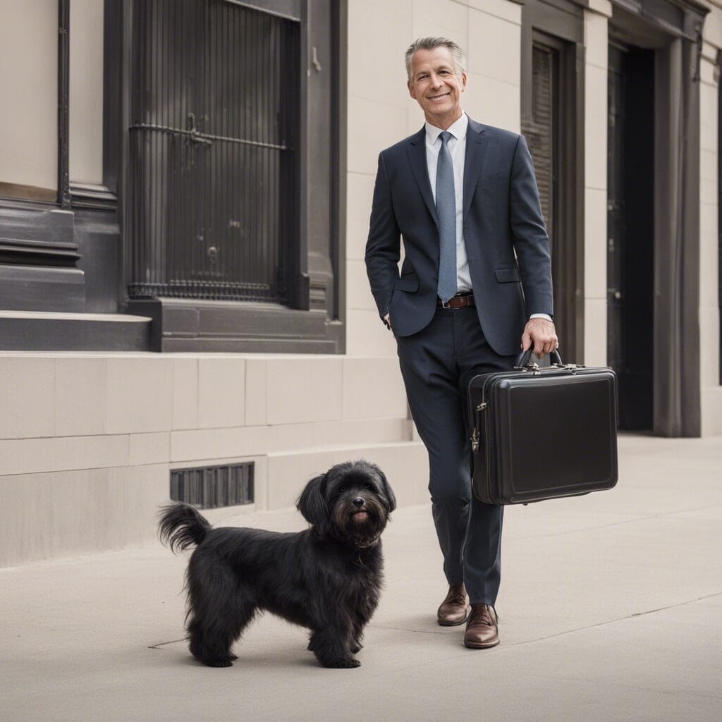 A man in a business suit walks with a briefcase alongside a black dog on a city street.