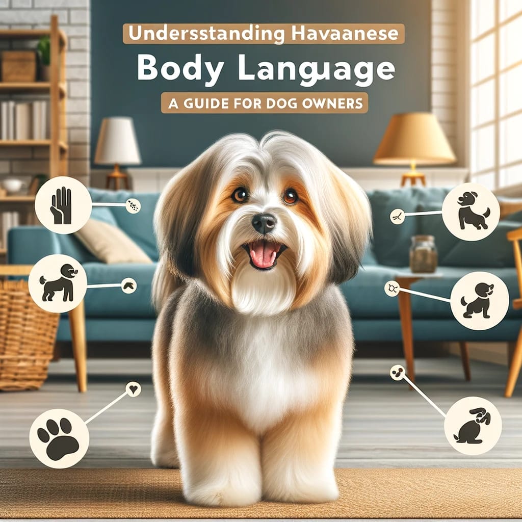 A Havanese dog stands indoors with diagrams around it showing various dog body language signals. A text overlay reads "Understanding Havanese Body Language: A Guide for Dog Owners.