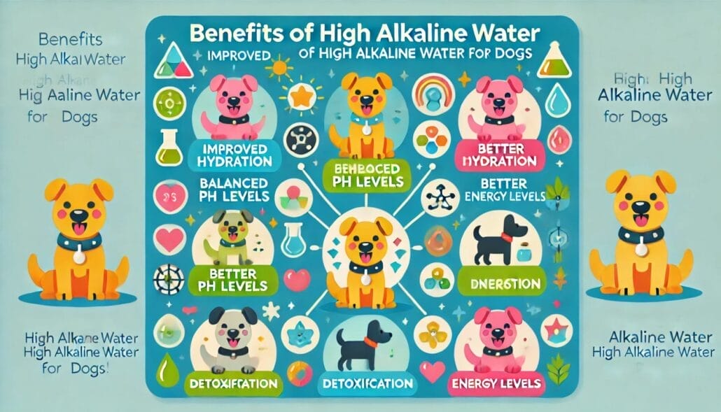 Infographic titled "Benefits of High Alkaline Water for Dogs" displays the advantages including improved hydration, balanced pH levels, better detoxification, and increased energy levels. Icons of dogs are shown.