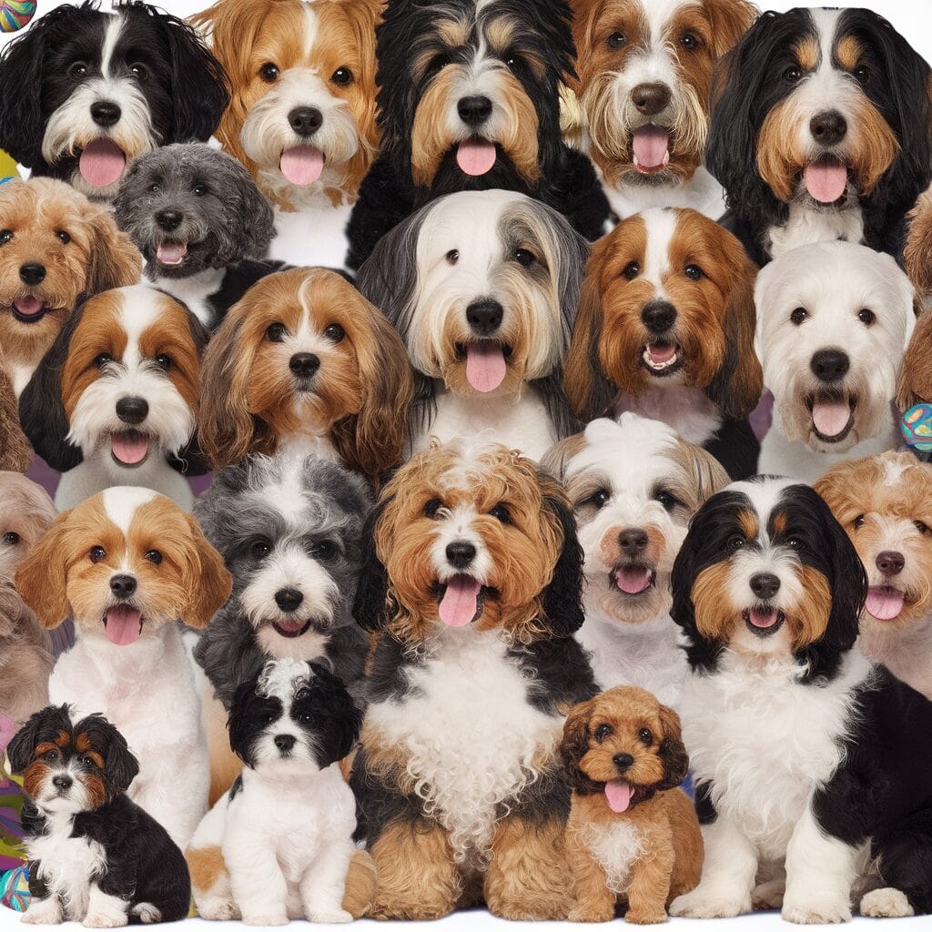 A group of various breeds of dogs, all sitting closely together, some with tongues out, looking directly at the camera.